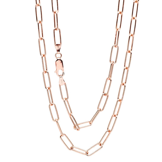 Women's Necklace 925 Sterling Silver Elongated Oval Link Paperclip Italian Chain Rose Gold Colour