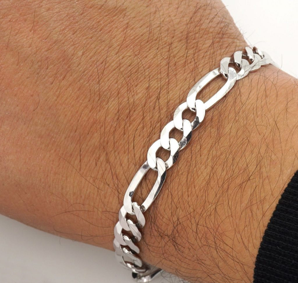 Mens Silver Chain Bracelet 8mm Figaro Chain 925 Silver