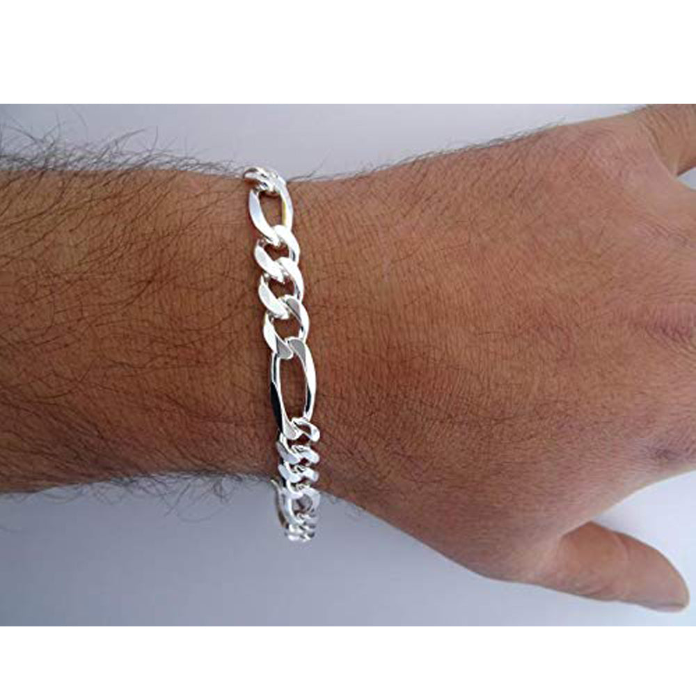 Mens Silver Chain Bracelet 8mm Figaro Chain 925 Silver