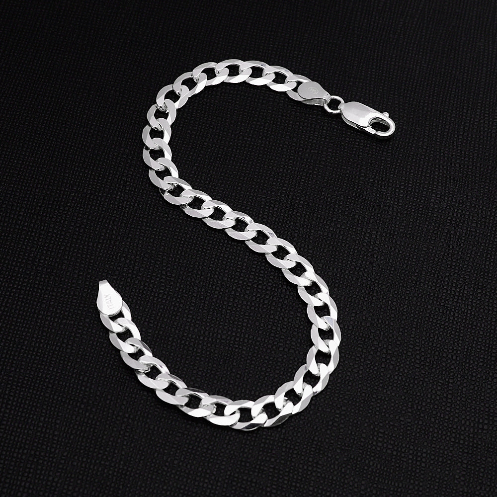 Men's Silver Chain Bracelet | 7mm Solid 925 Sterling Silver Curb Chain Bracelet For Men Italian Made