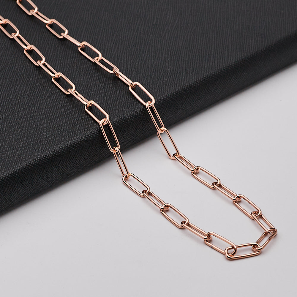 Women's Necklace 925 Sterling Silver Elongated Oval Link Paperclip Italian Chain Rose Gold Colour