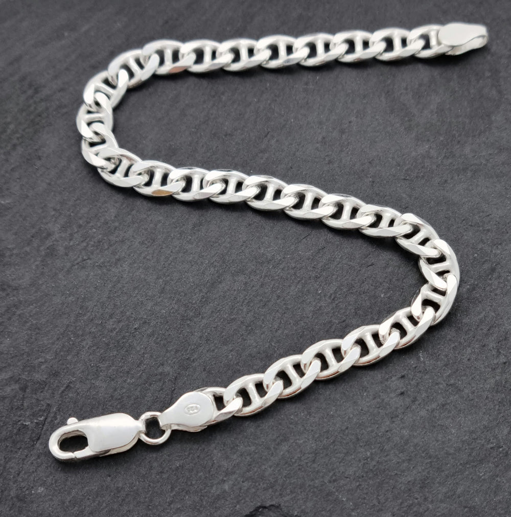 Men's Silver Chain 6.5mm Mariner Chain Bracelet Italian Made Solid 925 Sterling Silver